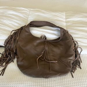 Brown leather fringe hobo bag